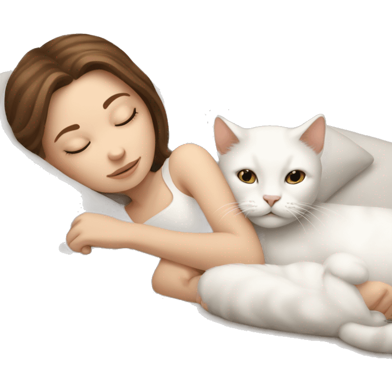 White girl brown hair sleeping with white kitty emoji