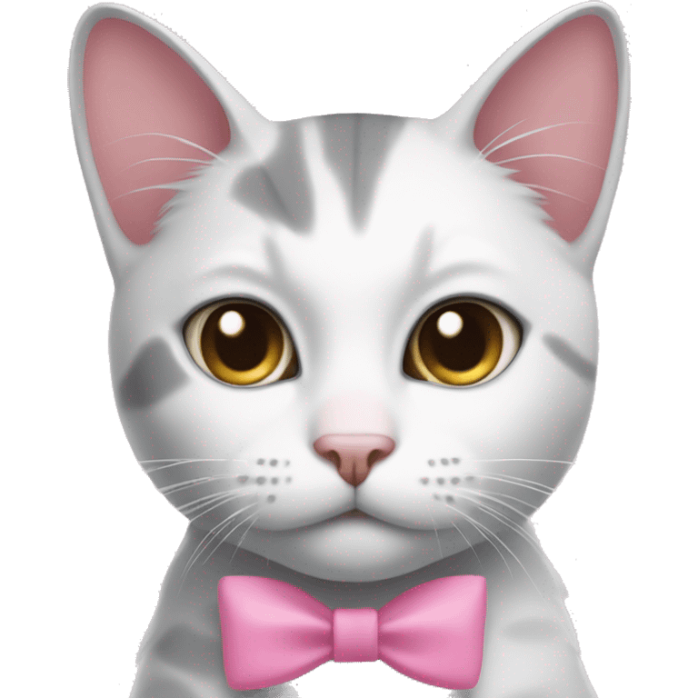 White and gray cat with a pink bow on the right ear emoji