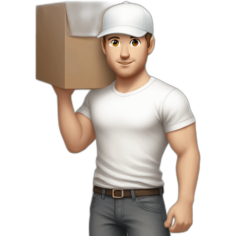 Pale skinned fit Man with dark brown hair in a light gray cap, dark brown jeans, brown polo and white T-shirt keeping a pasted with tape white box into his hands emoji