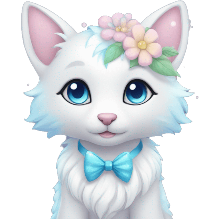 Anthro Cute Cool Pastel Kawaii gorgeous sparkly ethereal fantasy animal creature with blue eyes furry sona with flowers and bow tie beautiful aesthetic emoji