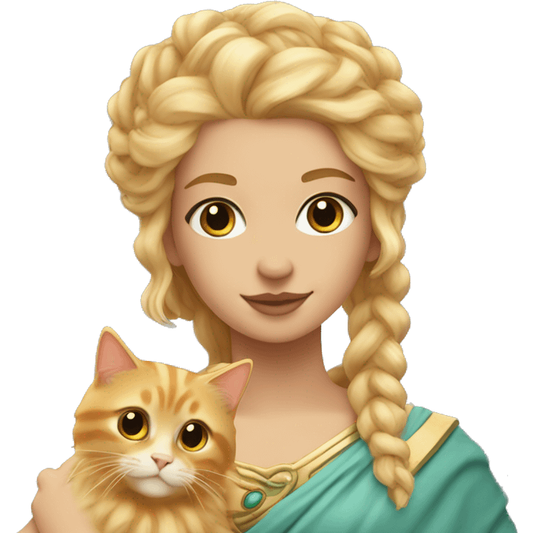 Goddess Hera with blond hair holding a ginger Siberian cat emoji