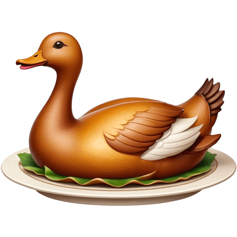 Cinematic Realistic Peking Duck Dish Emoji, depicted with crispy, roasted duck with glistening skin and succulent meat, rendered with rich textures and dramatic, appetizing lighting. emoji