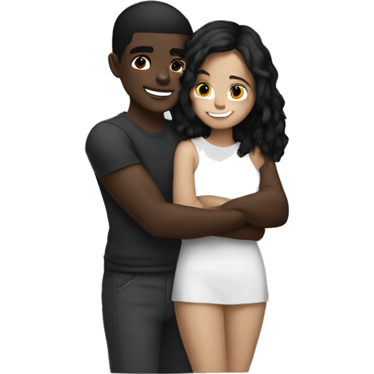 Dark brown skin with black haired girl hugging light skin with black hair guy emoji