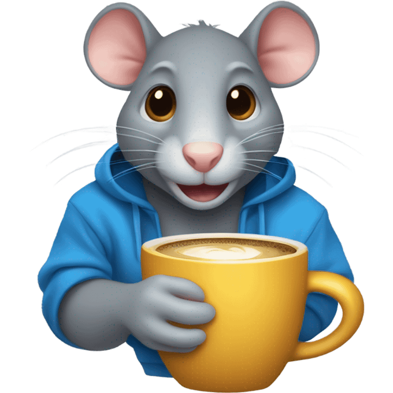 A rat with one ear and one gold tooth, wearing a blue sweatshirt, drinking coffee emoji