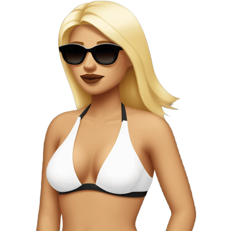 A red and sunburned nordic woman white bikini line with blond hair and big black Chanel sunglasses  emoji