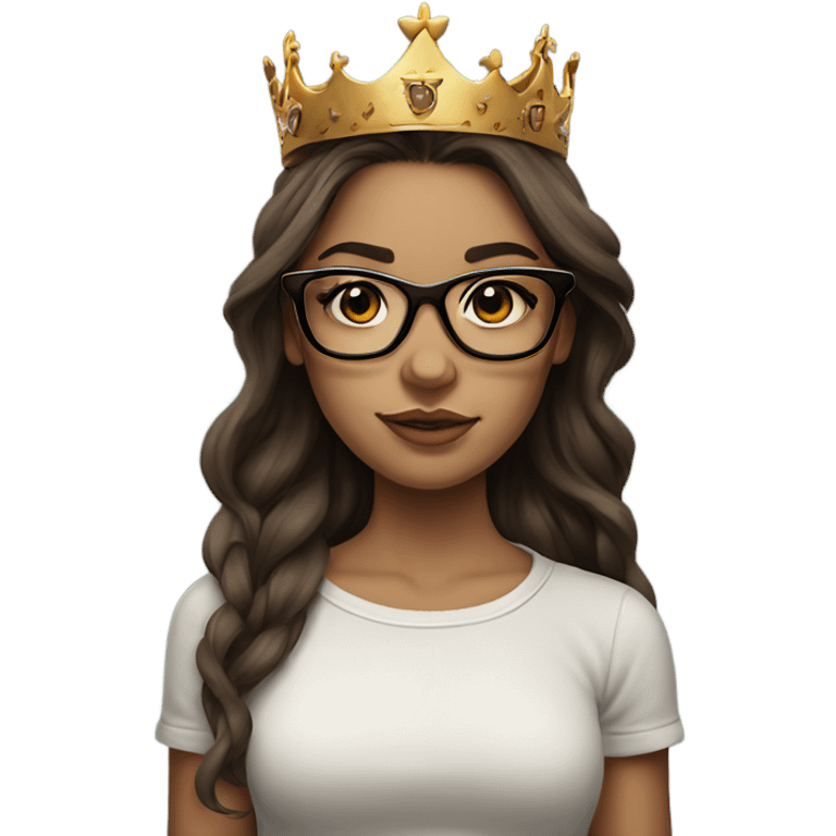 Hyperrealistic beautiful  girl, wearing a crown and glasses with tattoos, with long brown hair  emoji