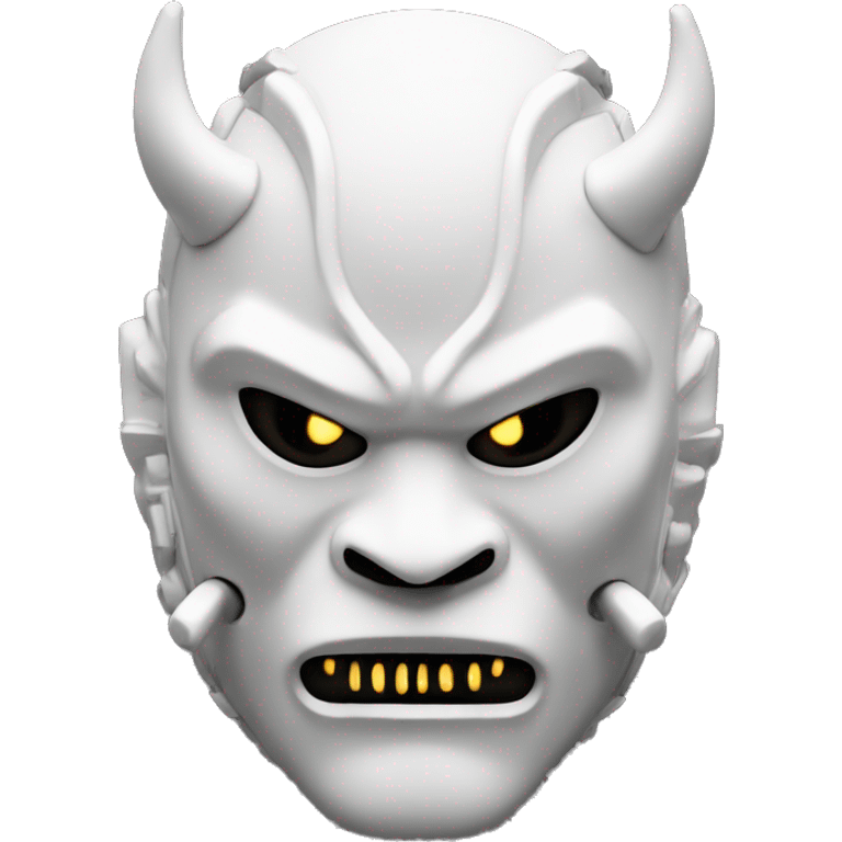 White oni mask with a cyberpunk white led twist. Make the eyes more white and the mouth less intimidating emoji