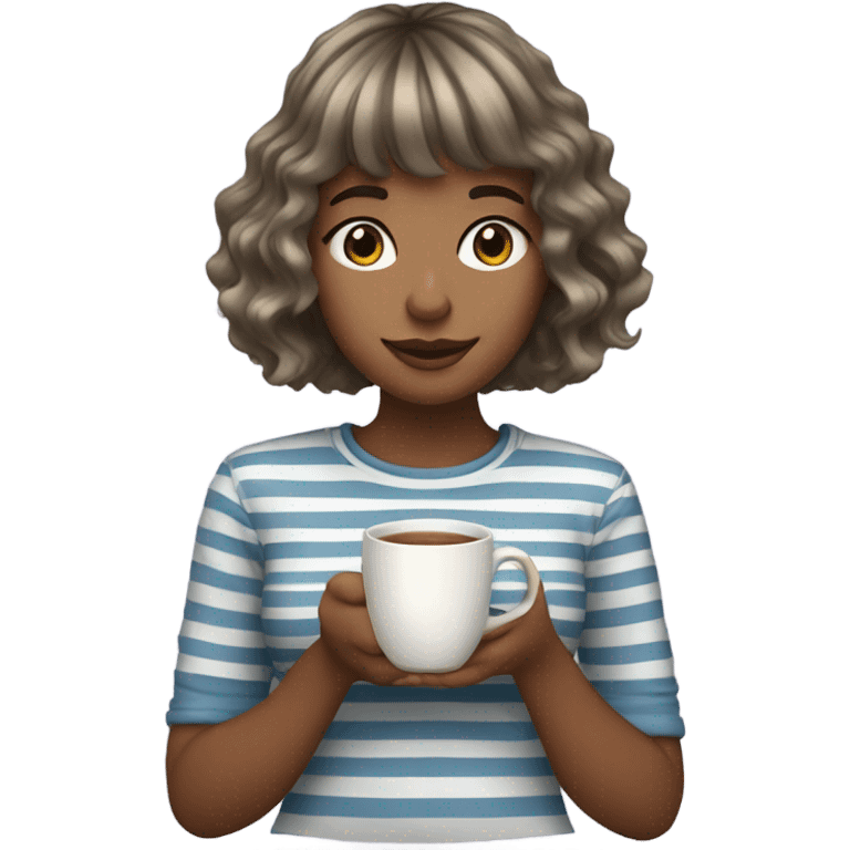 Girl in her 20's, bangs, wavy hair, ash colored hair, a striped shirt drinking tea emoji