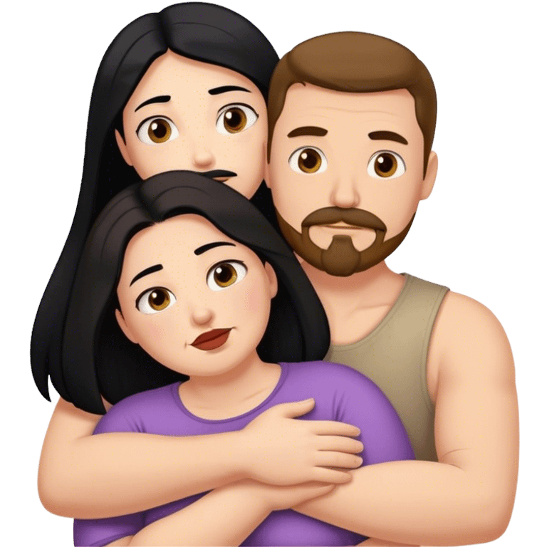 Tall strong white man with brown mustache goatee hugging a chubby short pale woman with long black hair emoji