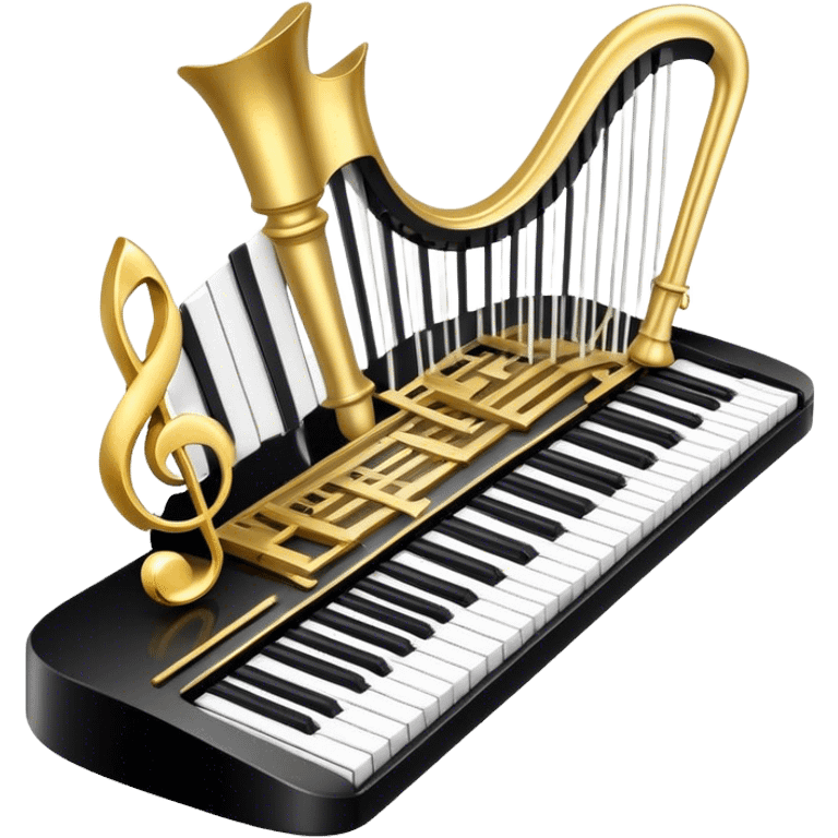 Create a detailed and elegant emoji collage representing keyboard instruments in a celebratory and professional style, reminiscent of a coat of arms. The design should feature a central arrangement of black and white piano keys, forming a symmetrical, powerful image. Around the keys, include a flowing ribbon of musical notes that intertwines with the keys, creating a sense of movement and harmony. Use gold and silver accents to highlight the keys and musical notes, giving the design a festive, high-quality appearance. The design should convey professionalism, elegance, and a sense of occasion. Add subtle reflections on the piano keys to enhance the polished look. The background should be transparent. emoji