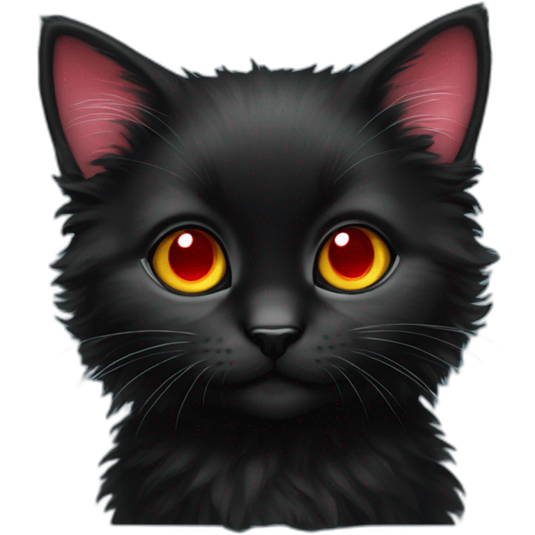 A fluffy black kitten with piercing ruby red eyes emoji