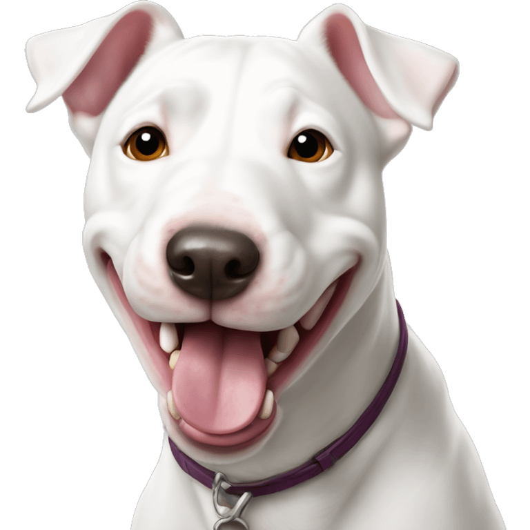 White bull terrier with light smile and tongue out emoji