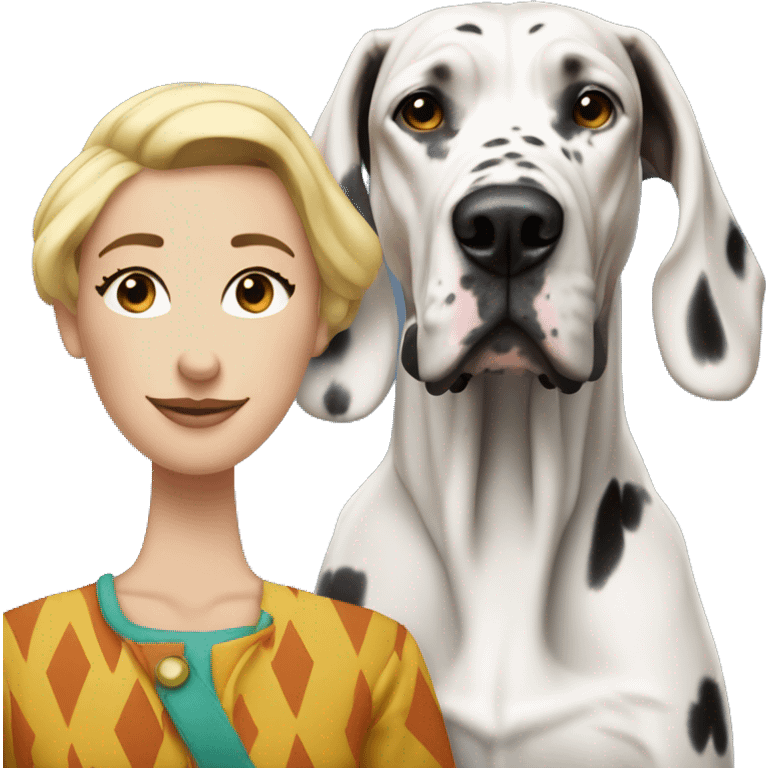 Harlequin Great Dane with blonde woman with long hair emoji