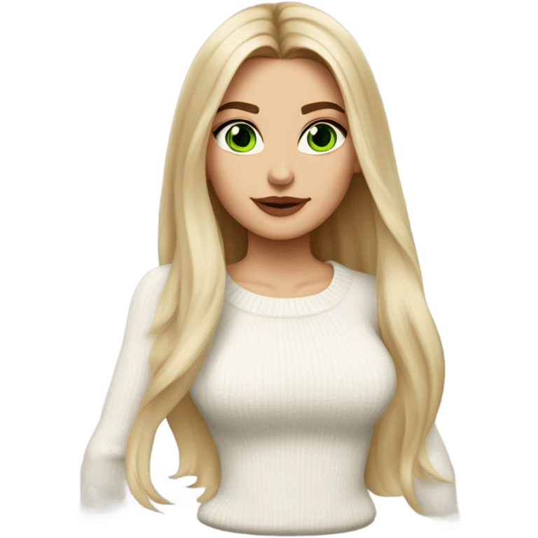 light medium skin, high cheekbone, solo blonde girl with green eyes, medium bust, white sweater, long blow out hair, baddie, middle part, sultry emoji