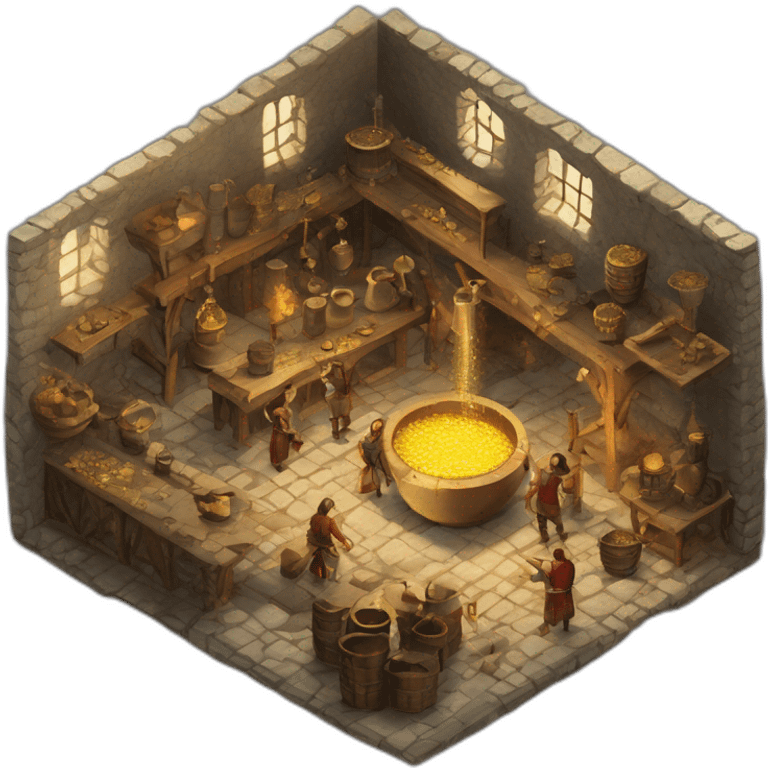 open floor plan of a medieval mint showing different people working, one person on the furnace, some people molding liquid gold into coins emoji