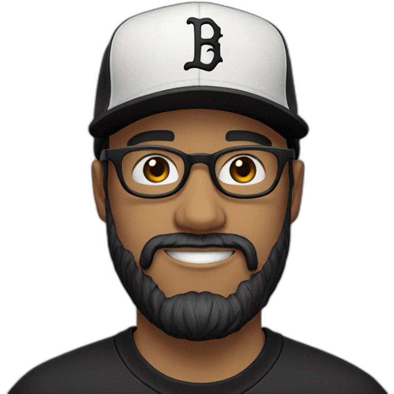 white man with glasses and black beard with a baseball hat backwards and a black t shirt emoji