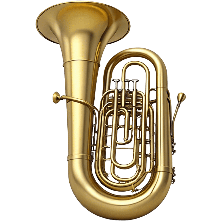 Create a large and bold emoji representing a tuba. The design should feature the tuba’s iconic, large, curved brass body, with its wide bell and tubing wrapping around. Highlight the visible valves and their metal buttons, showcasing the characteristic structure of the instrument. The brass finish should be shiny, with golden tones and subtle reflective light effects to highlight its polished surface. Add soft musical notes or soundwaves emanating from the bell to evoke the deep, resonant sound of the tuba. The background should be transparent. emoji