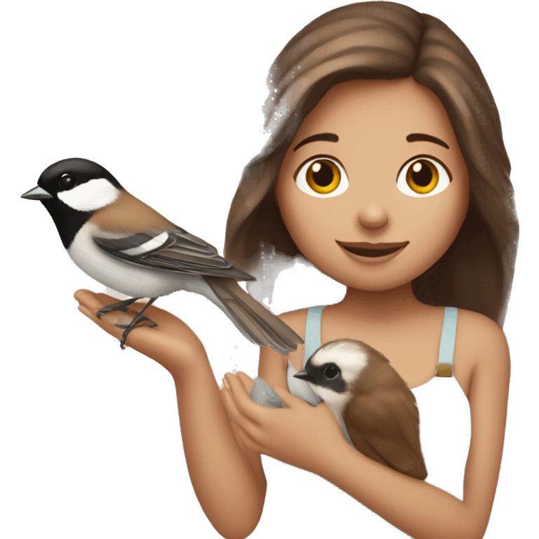 Brown haired girl holding a chickadee emoji