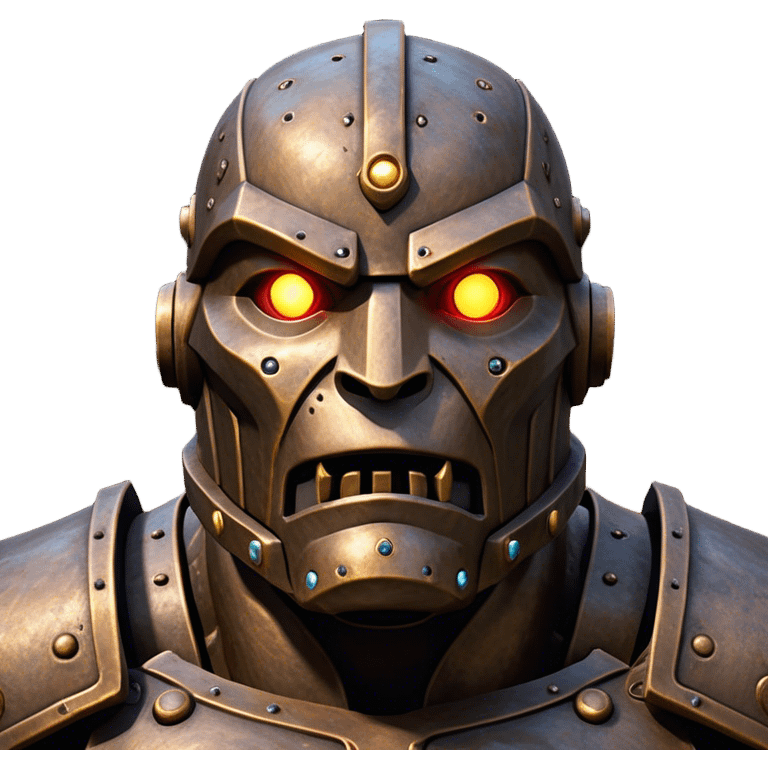 Cinematic Noble Mighty Iron Golem Portrait Emoji Poised and imposing, with a towering, metallic form forged from intricately detailed plates of burnished steel and ancient bronze, etched with faint traces of runes and weathered marks of time. Its piercing, glowing eyes radiate unwavering resolve, casting a solemn and commanding presence; rendered with lifelike texture and natural metallic highlights, high shine, elegant yet indomitable, styled with an aura of legendary endurance, focused and resolute, soft glowing outline, capturing the essence of an eternal guardian, standing vigilant and immovable as if ready to awaken at any moment with unstoppable might! emoji