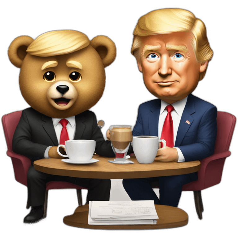 Trump caricature and Ted Bear as radio talkshow hosts with a cup of coffee emoji