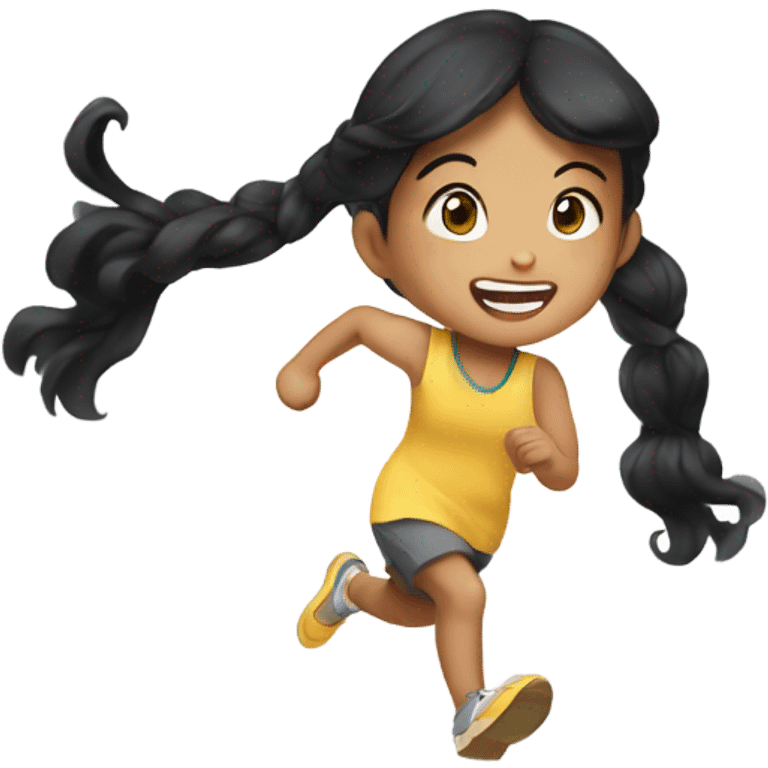 asian girl child running with black hair wavy, black eyes emoji