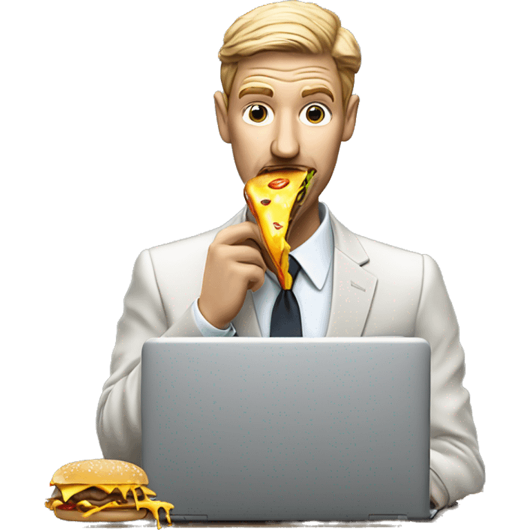 A business man in a suit eating a messy cheeseburger that is dripping onto his laptop like he doesn't care because lunch is more important than work.  emoji