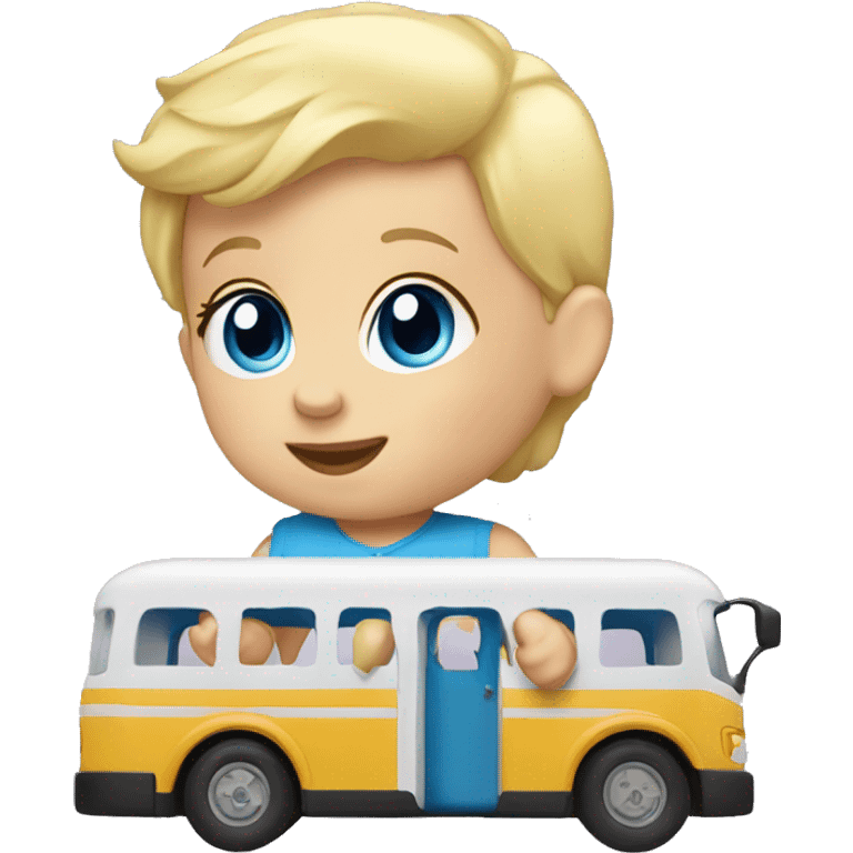 Baby playing with a toy bus blue eyes and blonde hair  emoji