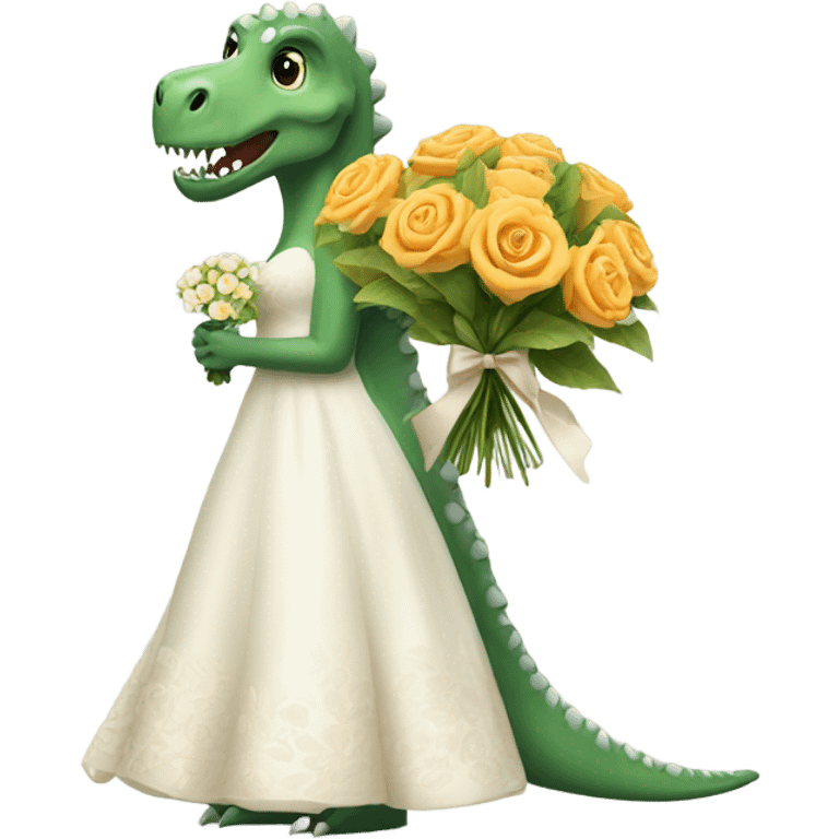 Dinosaur holding flowers in a wedding dress emoji