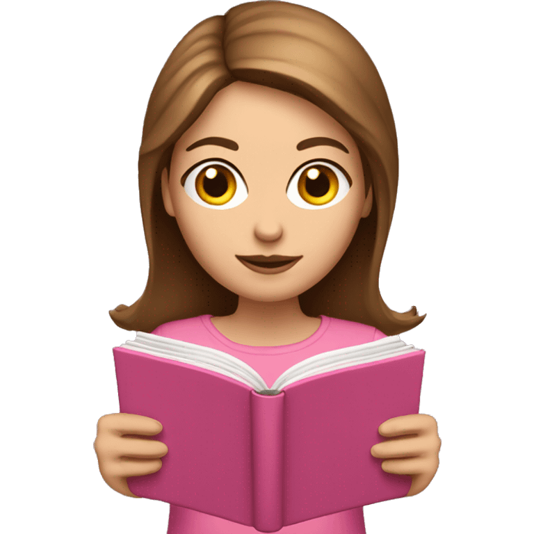 White woman with brown hair wearing pink reading book emoji