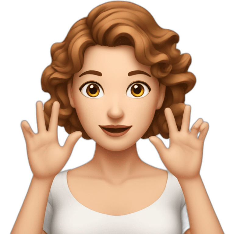 white woman, brown wavy hair, making heart gesture by hands, long earrings emoji