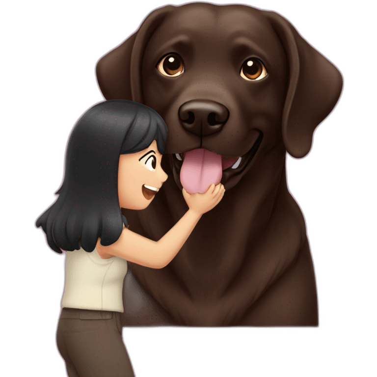 Chocolate labrador playing with woman long black hair emoji