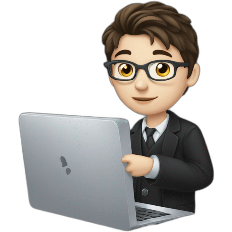 Pc in hands, works on pc, Blue eyes, Classy programmer, 13 years old, coat, formal outfit, pc in hands, brunette boy, uses pc stays on pc, black coat, has pc in hands, all body see emoji