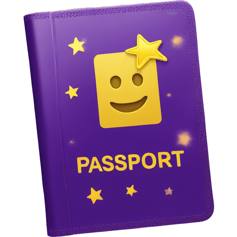 Passport with sparkles logo on the cover, purple and yellow colors emoji