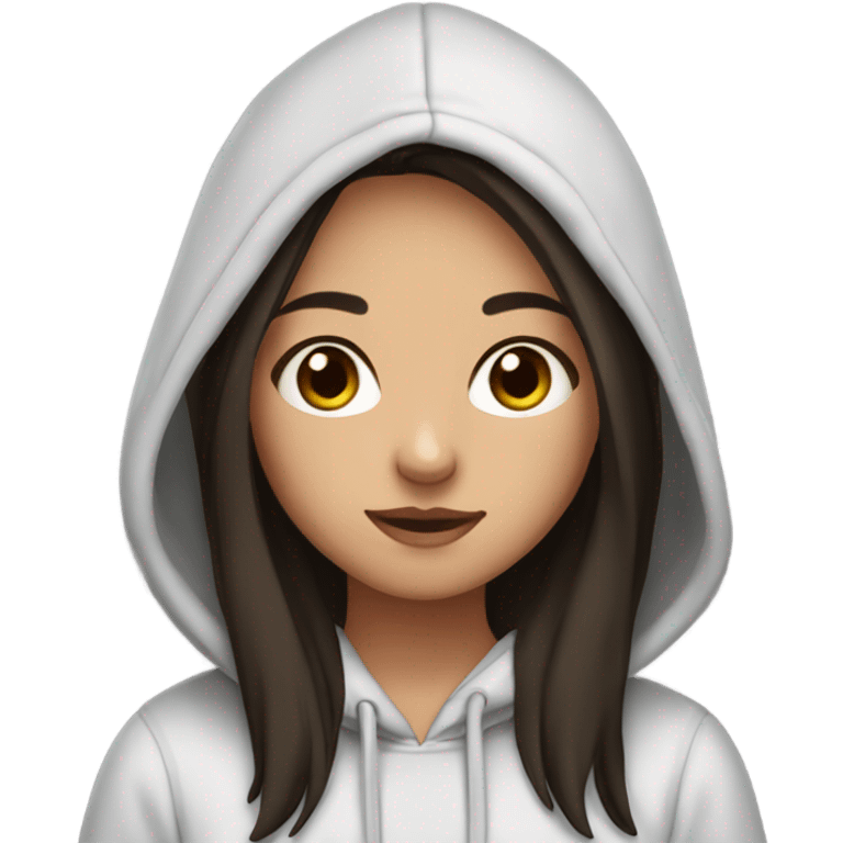 a girl with dark brown straight hair, dark eyes, 20 year old, with a cute hoodie  emoji