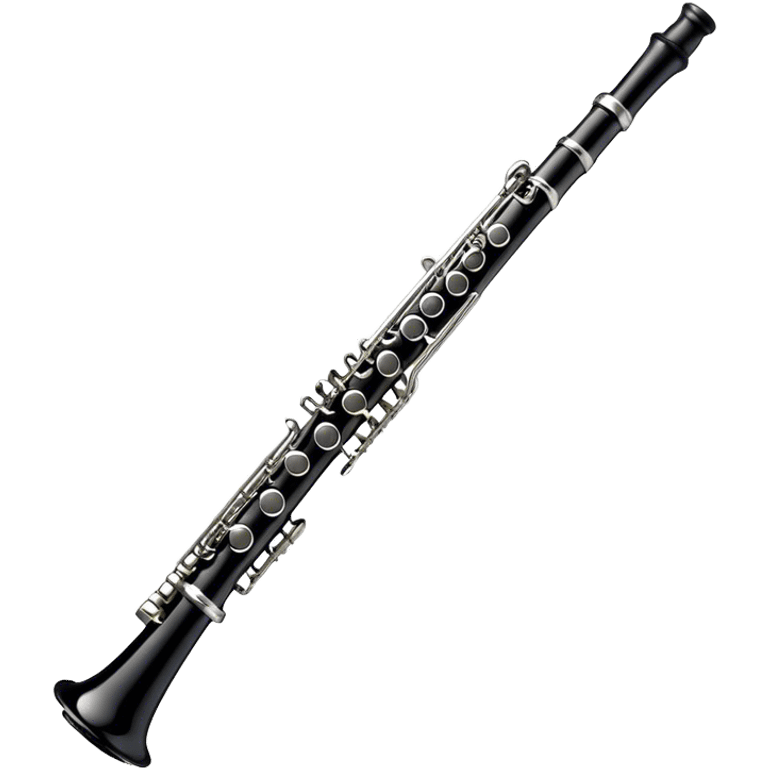 Create an elegant and refined emoji representing A clarinet. The design should showcase the sleek, black wood finish of the clarinet with its shiny metal keys and elegant detailing. Include the distinct, high-quality features, giving it a modern and sophisticated look. Add subtle elements like the mouthpiece with the reed, emphasizing its importance in sound production. Use dark tones like ebony, silver for the keys, and soft light reflections to evoke a professional, classical feel. The background should be transparent. emoji