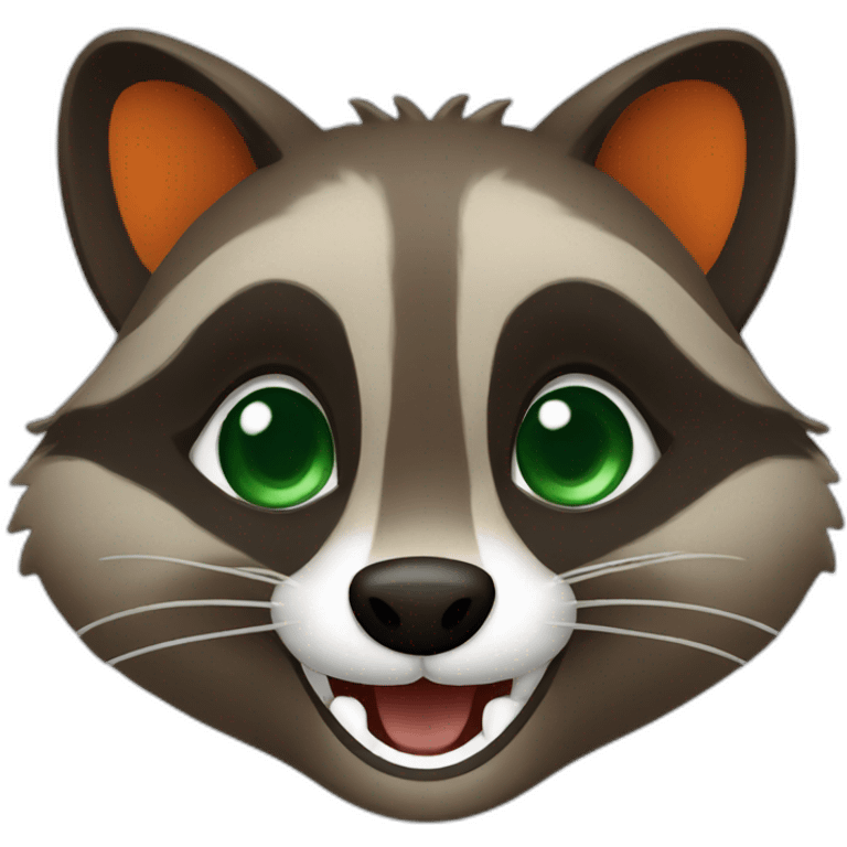 brown raccoon with orange eyes and a dark green hood that is laughing emoji