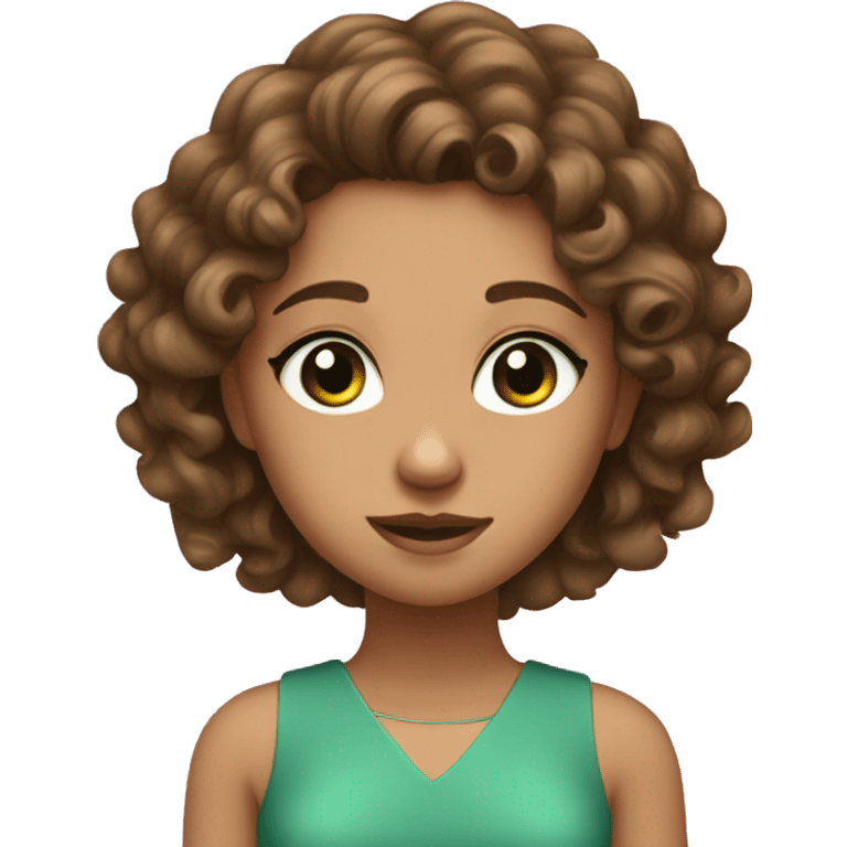 Girl have dark green eyes and have curly brown hair and she wear pink dress emoji