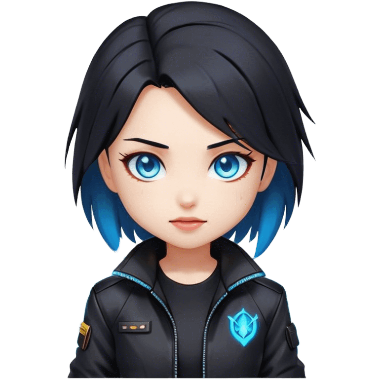 Black hair cyberpunk 2077 chibi girl with blazing blue eyes and black jacket. All emotion reaction happy emoji