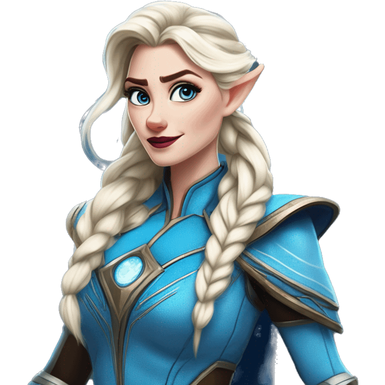 Warcraft geeky nerd Elsa in Marvel Avengers style, oil paint, mysterious eyes, intricate lips, masterpiece pose, odd perspective, beautiful, desirable, logical emoji