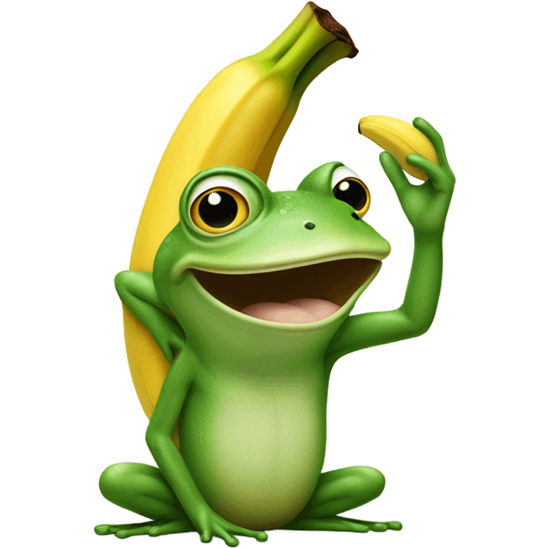 Frog overhand pointing the bottom of a banana to his head emoji