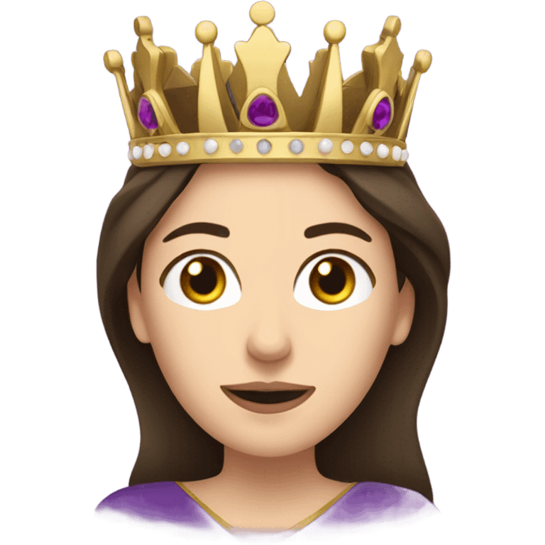 Caucasian long brunette woman wearing formal royal purple robes and a crown whose face shows love and adoration to the man she adores  emoji