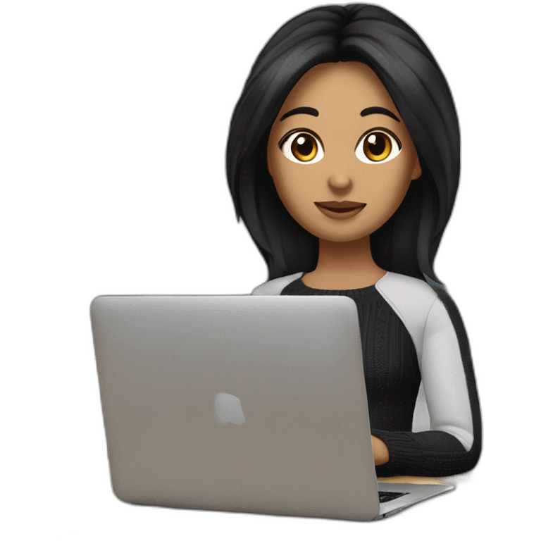 memoji of a female with a laptop in front, apple-style modern, black hair, black sweater, computer in hand --ar1:1 emoji