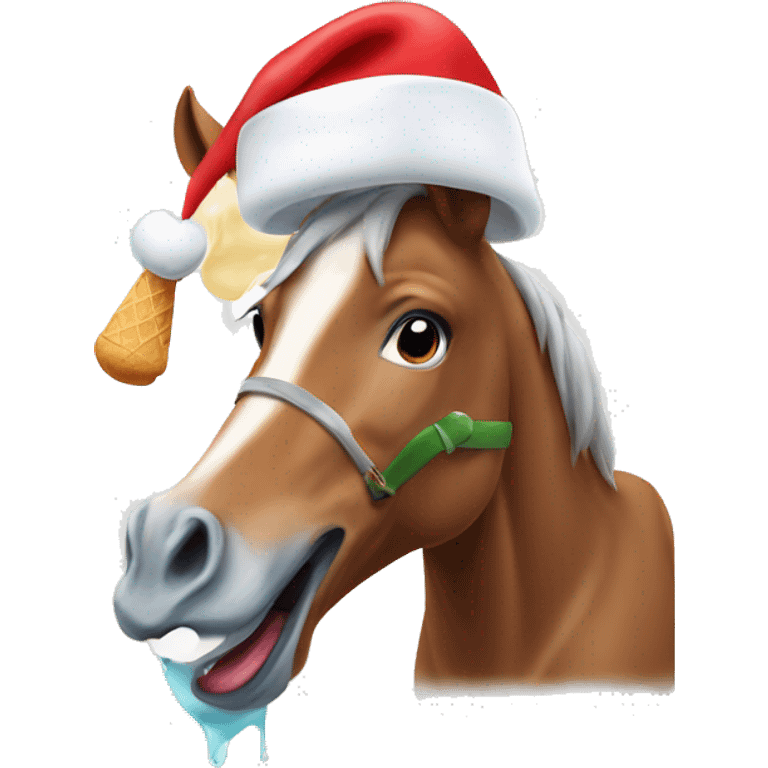 Horse, eating a ice cream, smiling, Christmas hat emoji