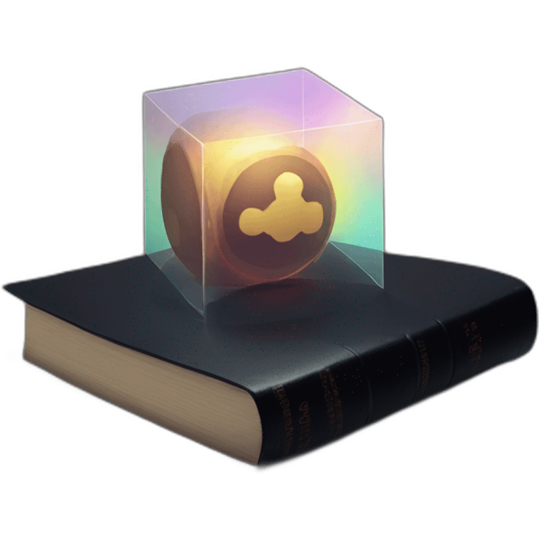 a hexagonal prism lying on a black book, light leak. emoji