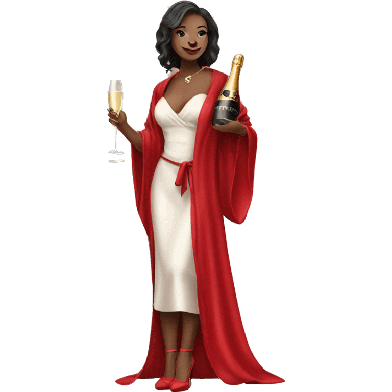 Girl in high heels and red robe posing while holding champagne bottle emoji