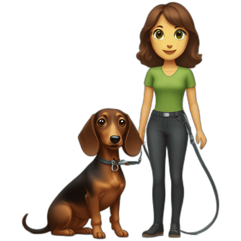 A woman with shoulder-length brown hair, straight bangs and green eyes has a dachshund with rough-coated on a leash. emoji