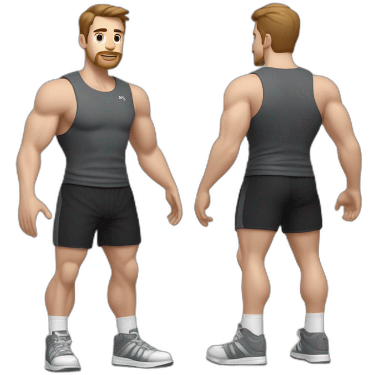 Full height Actively gesturing with hands Pale skinned Fit Man With the biceps and brown hair in dark gray Sleeveless Mike, black oversize sports shorts and white Sneakers emoji