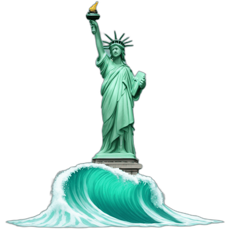 statue of liberty surfering on a big wave with legs on desk emoji