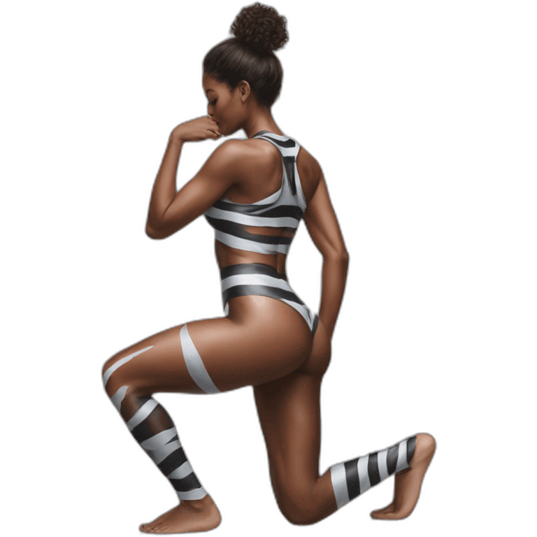 Hyper-realistic art shows fitness model in striped body paint from behind emoji