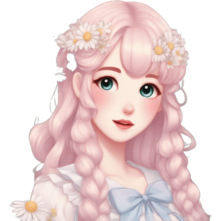 Gorgeous pastel anime style lady with blushing face and daisies cottagecore fairycore pastelcore colorful pearly romantic simplistic aesthetic trending style emoji